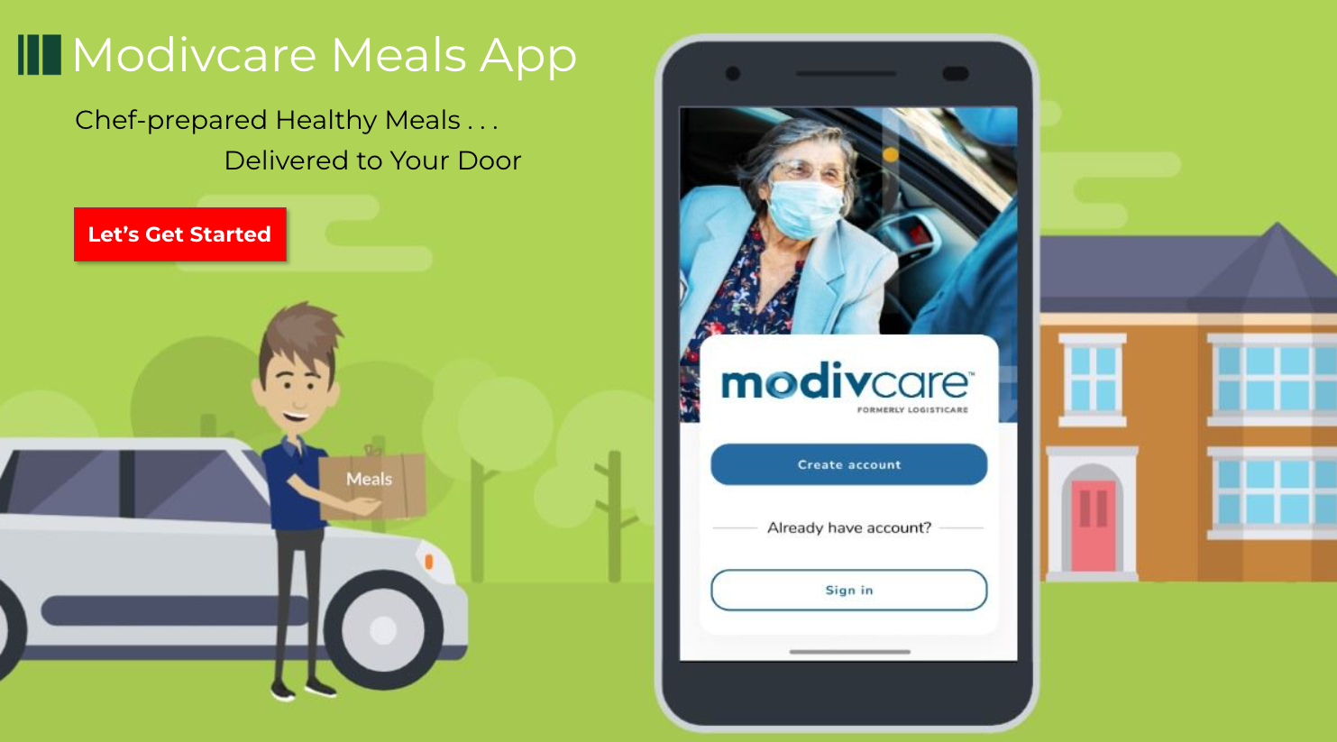 Cartoon delivery driver with phone showing Modivcare app login screen.